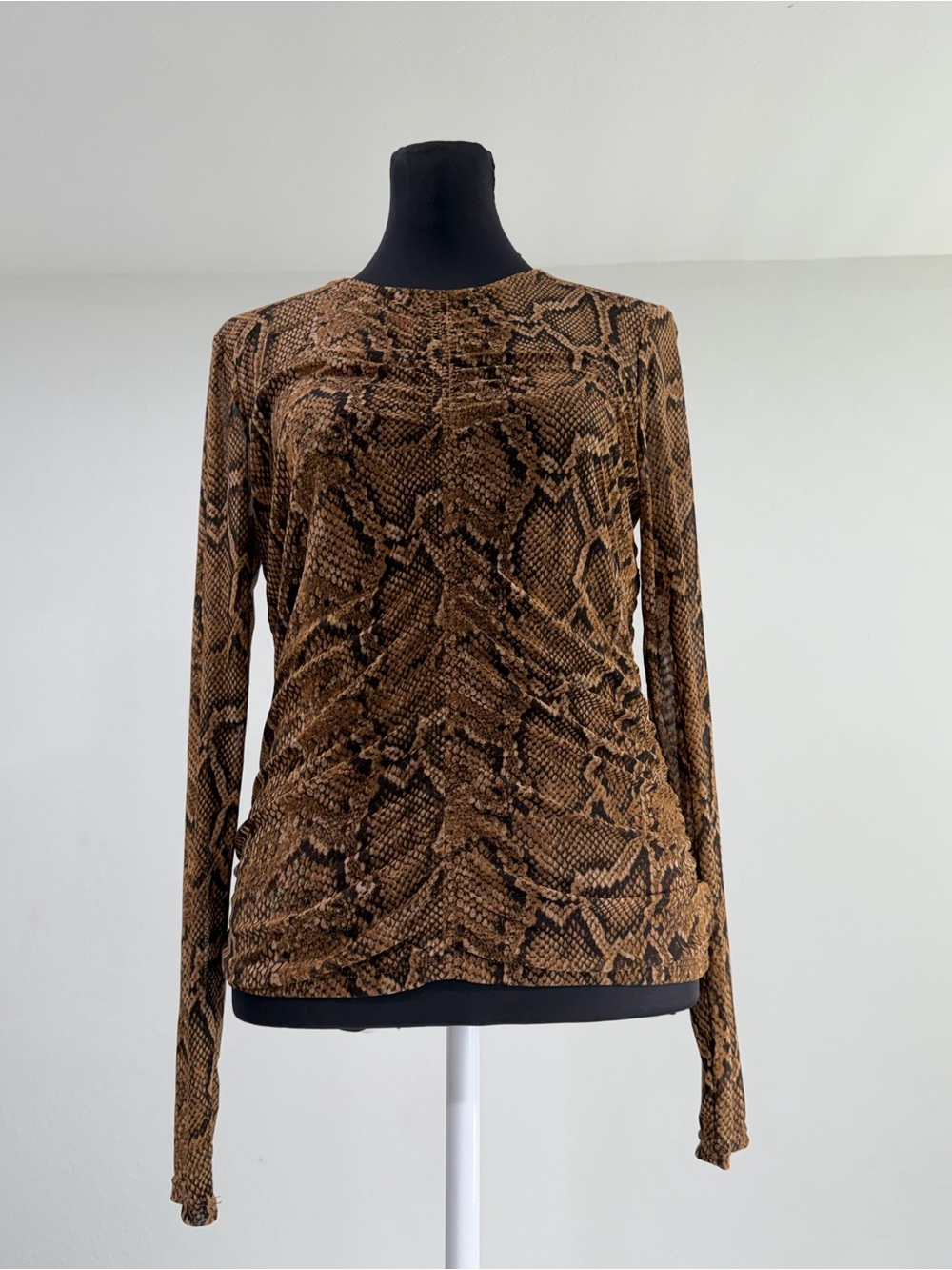 Bailey 44 Top Womens M Brown Snake Skin Print Mesh Lined Sheer Sleeve Ruched. M